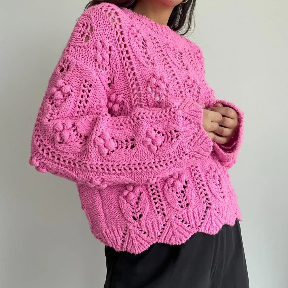 Zara Women pink pom pom knit slouchy sweater - Picture 2 of 10